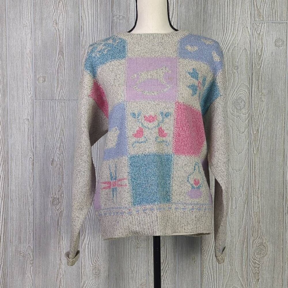Vintage Woolrich Women’s Medium Grey Heavy Wool Pastel Granny Pullover Sweater